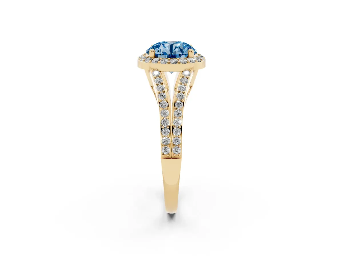 Fancy Blue Round Cut Halo Split Shank Pave Diamond Ring with Four-Prong Setting Yellow gold