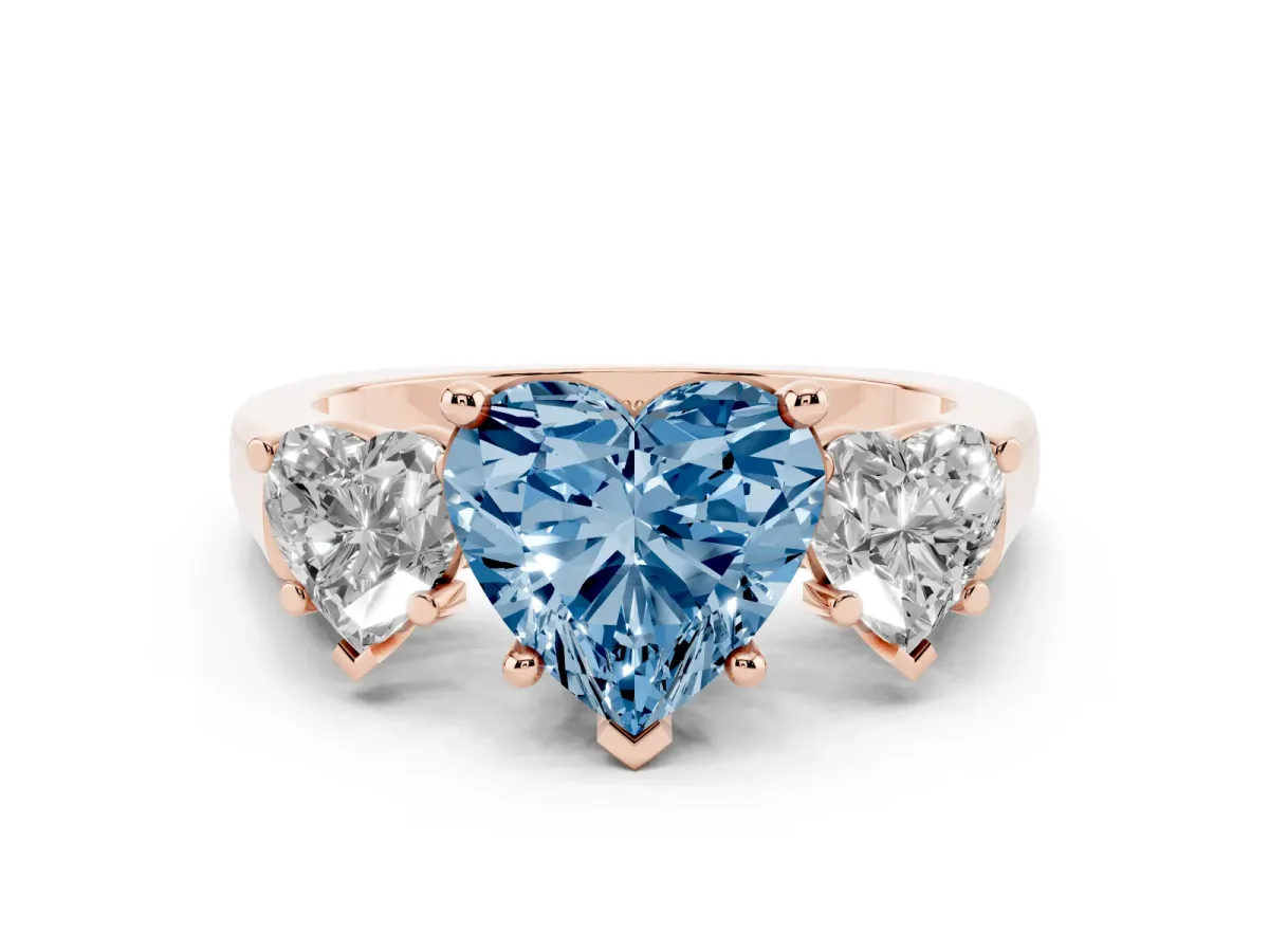 Fancy Blue Three-Stone Heart Cut Brilliant Diamond Trellis Ring with Comfort Fit Band Rose gold