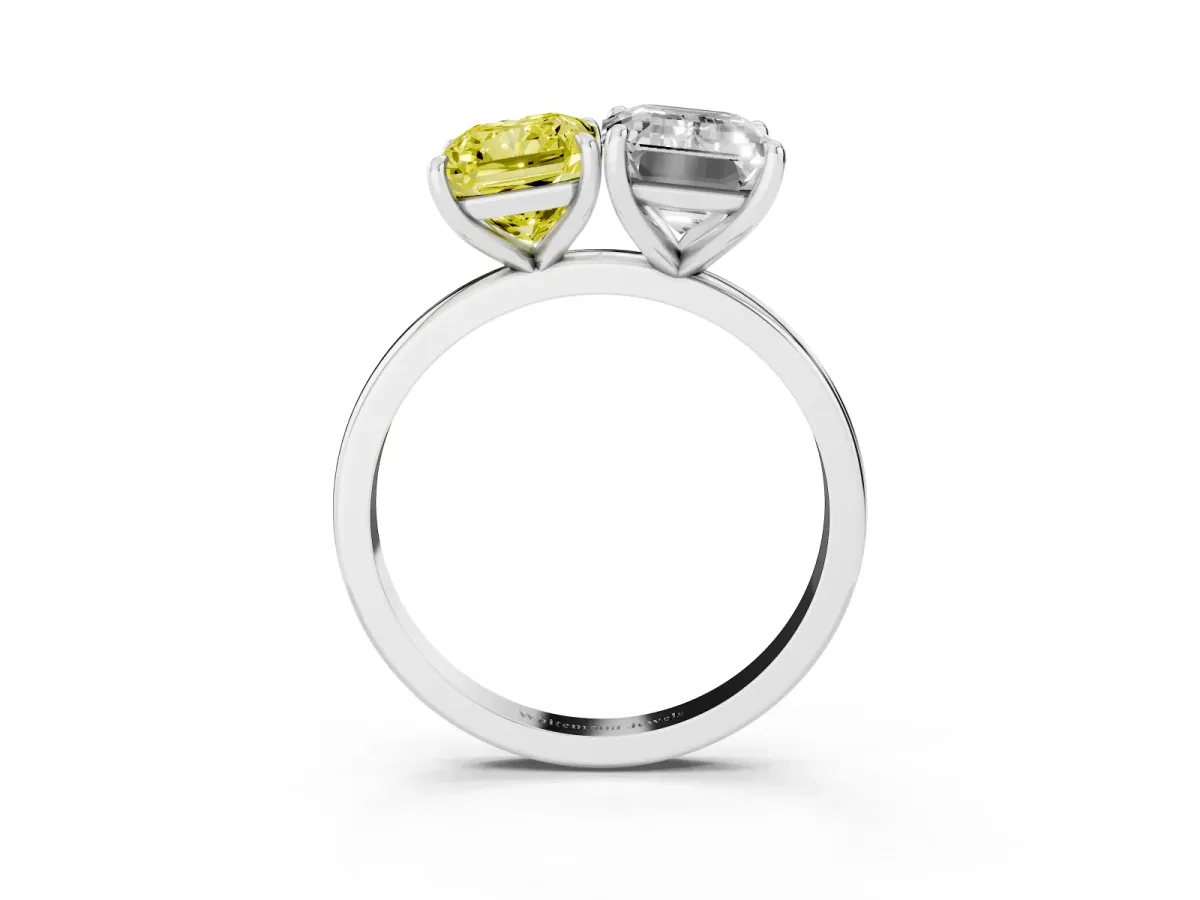 Fancy Yellow Radiant Cut and Emerald Cut Toi Moi Ring with Prong Setting Silver