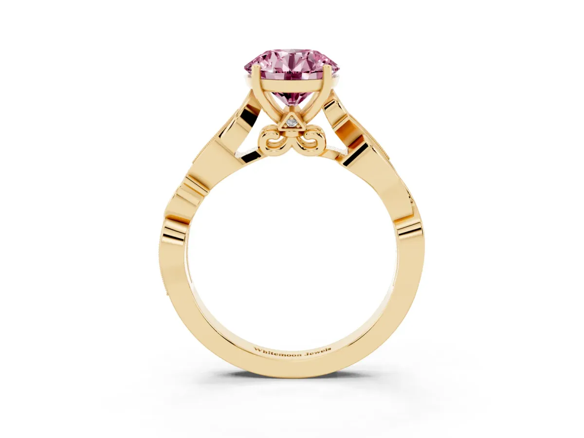 Fancy Pink Round Cut Solitaire Vine Band with Milgrain Prong Setting Yellow gold