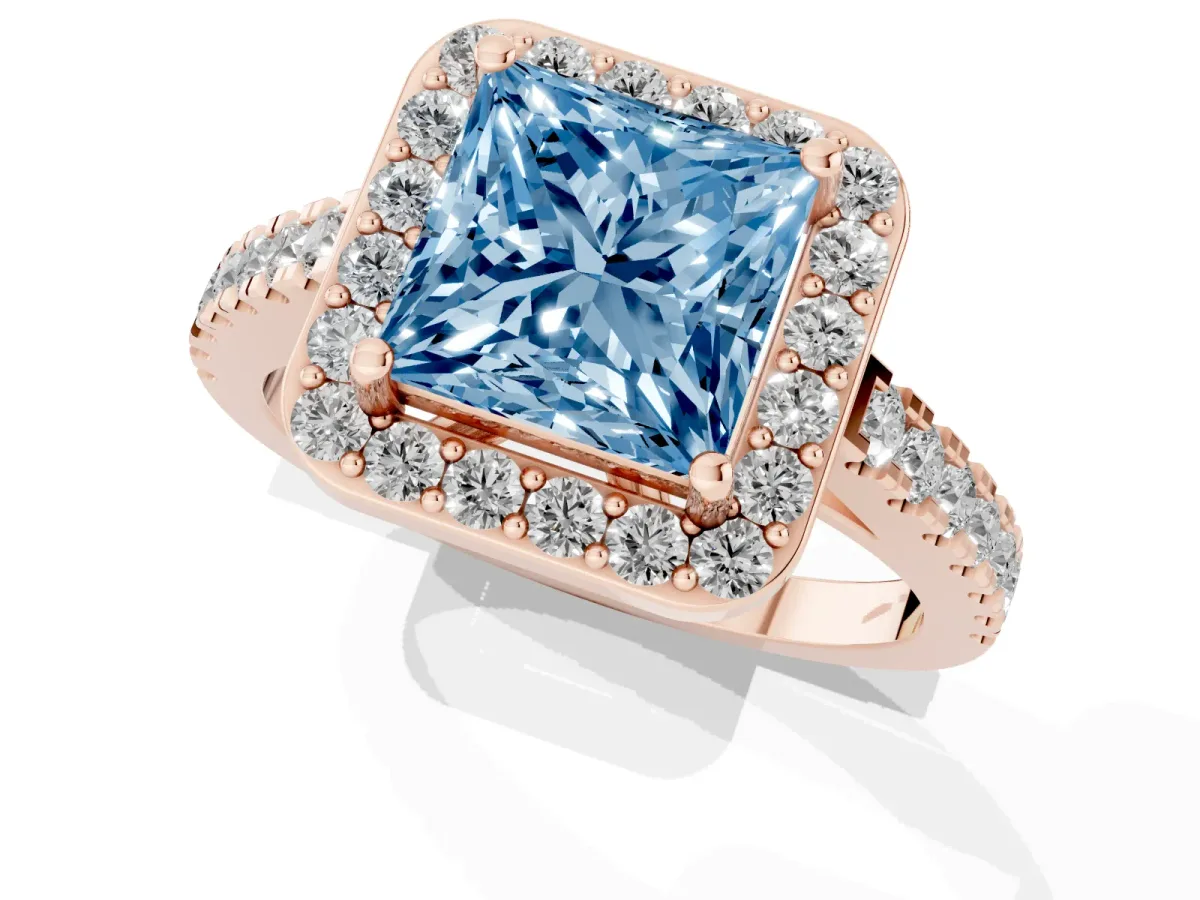 Fancy Blue Princess Cut Diamond Halo Ring with Round Pavé Split Shank and Prong Setting Rose gold