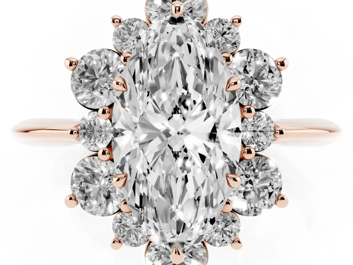 Marquise Cut Diamond Cluster Halo Ring with Solitaire Band and Four-Prong Setting Rose gold