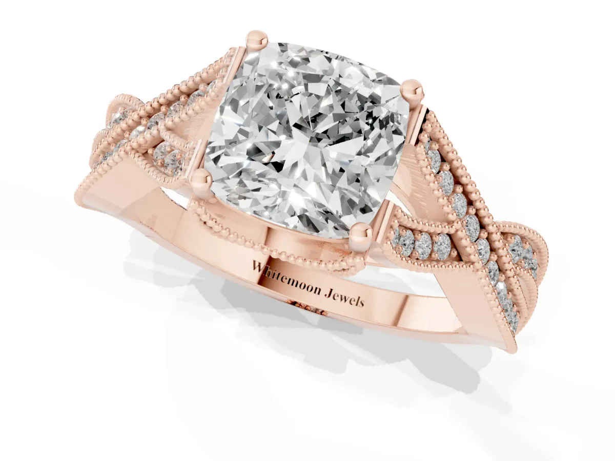 Cushion Cut Cut Diamond Twisted Band with Milgrain Pave Setting and Four-Prong Setting Rose gold