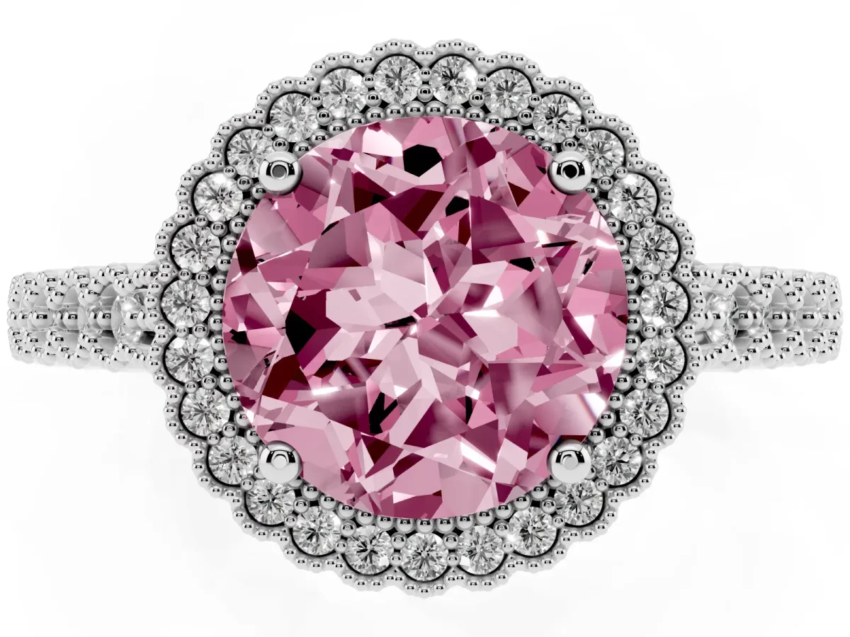 Fancy Pink Round Cut Cut Halo Pavé Solitaire Ring with Milgrain Band Platinum