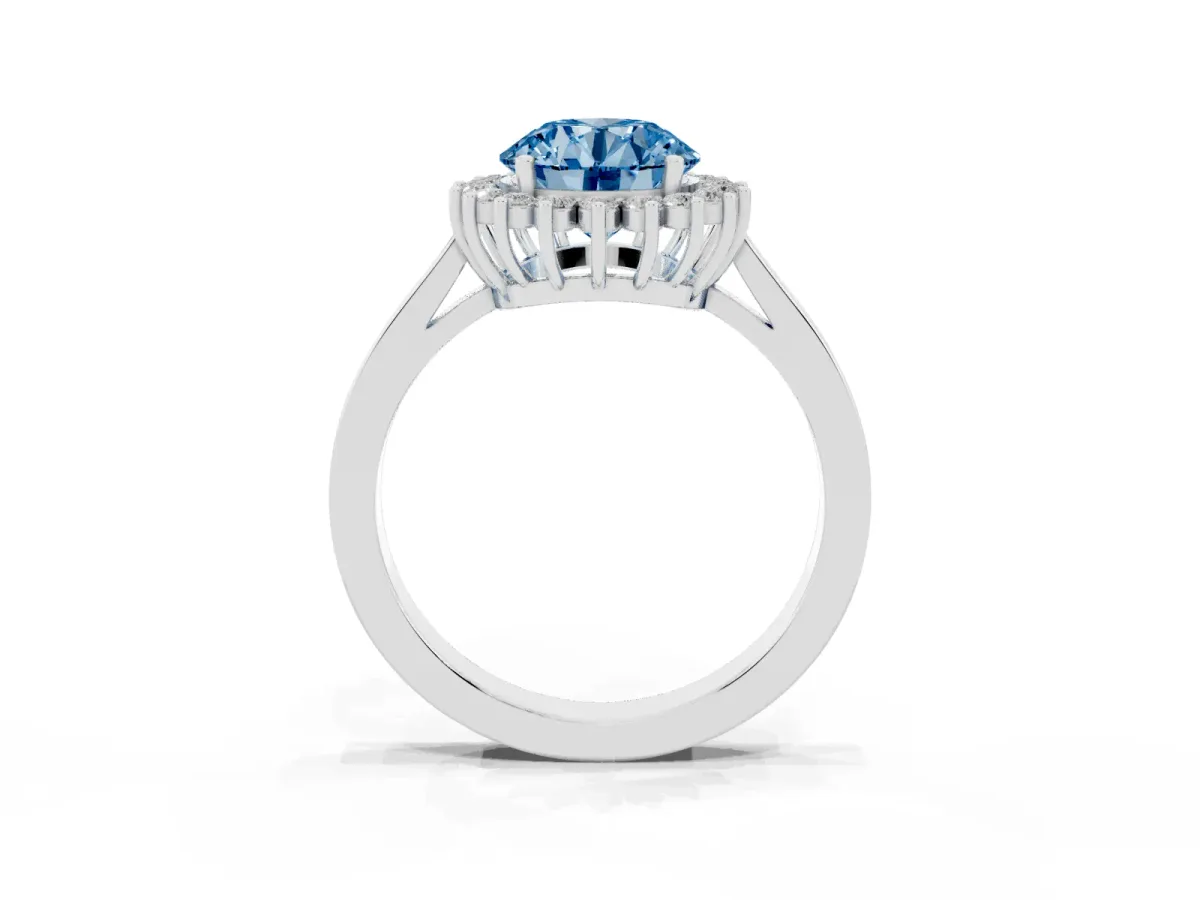 Fancy Blue Round Cut Cut Diamond Halo Ring with Round Brilliant Halo and Solitaire Band Silver