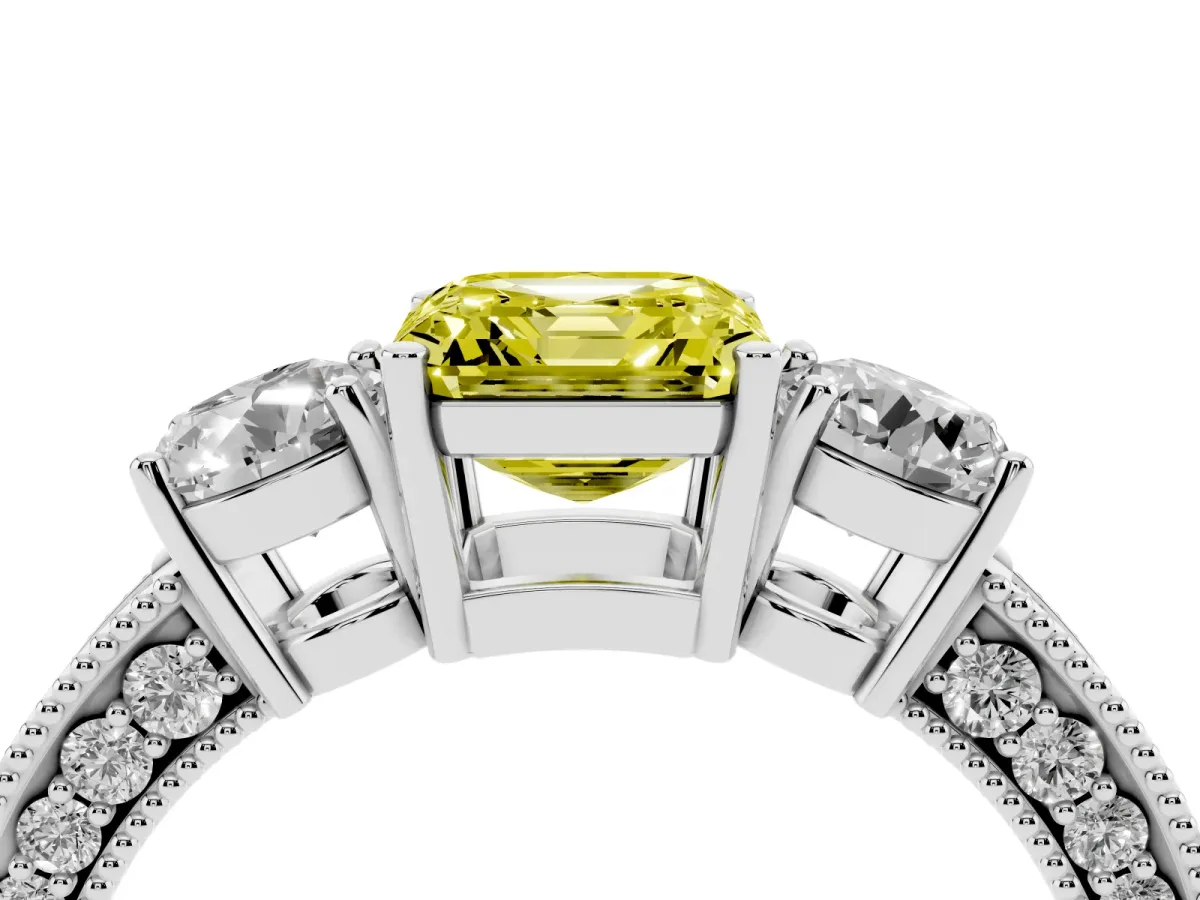 Fancy Yellow Asscher Cut Three-Stone Diamond Ring with Pavé Band and Four-Prong Setting Silver