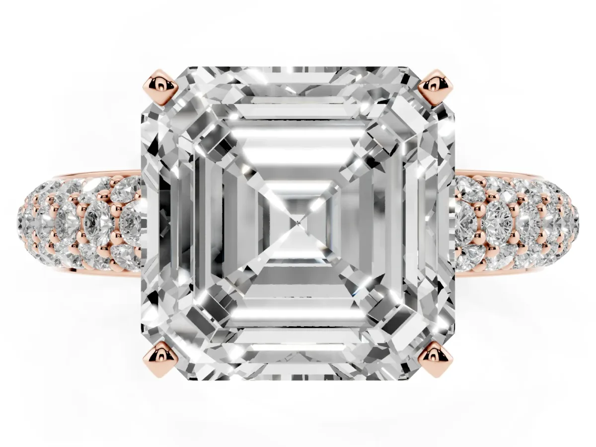 Asscher Cut Diamond Solitaire Ring with Prong Setting and Pavé Band Rose gold