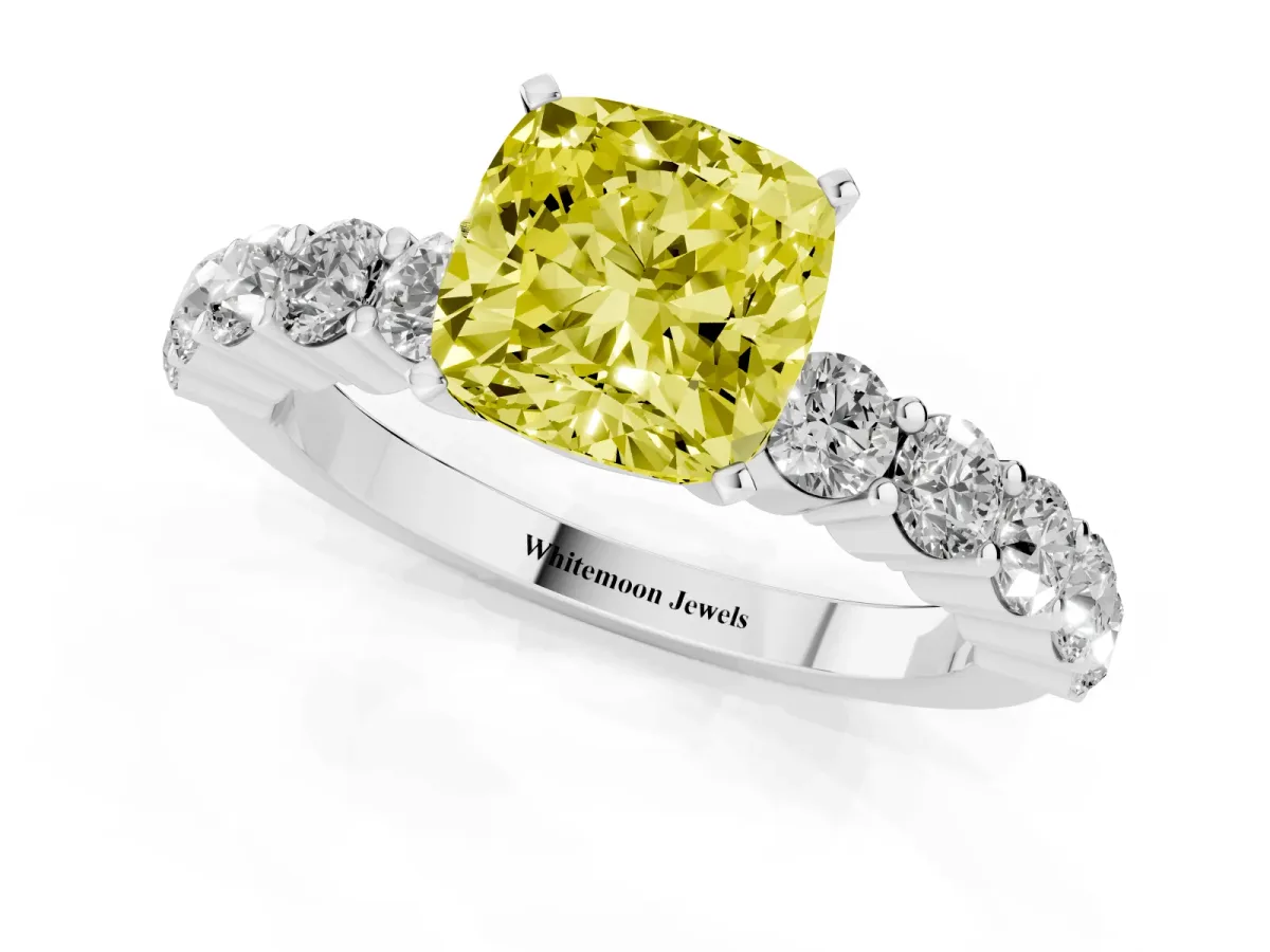 Fancy Yellow Cushion Cut Diamond Solitaire Ring with Shared Prong Round Side Stones Silver