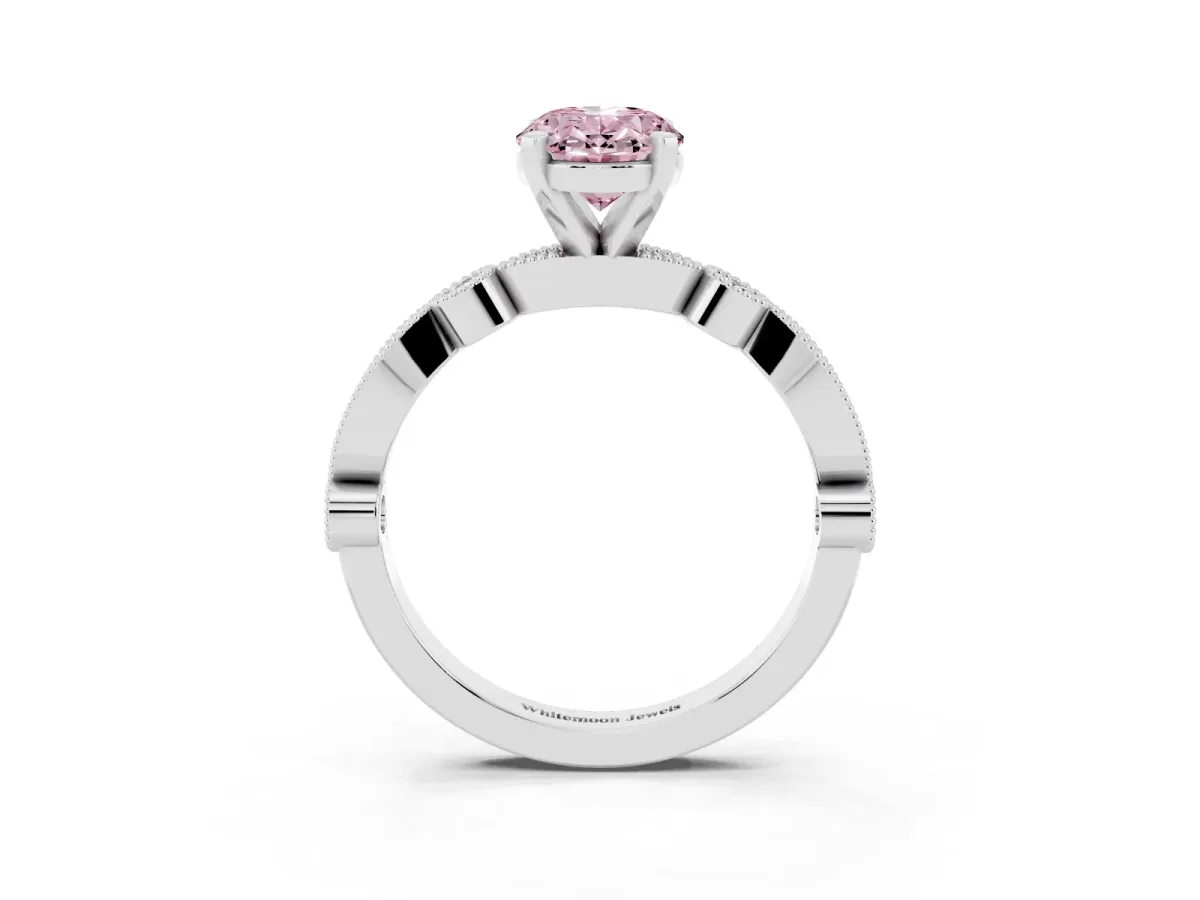Fancy Pink Oval Cut Milgrain Bezel Diamond Engagement Ring with Solitaire Prong Setting Platinum