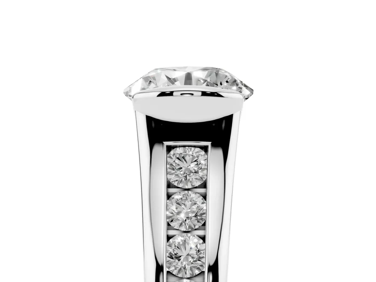 Round Cut Solitaire Bezel-Set Diamond Ring with Channel-Set Band Platinum