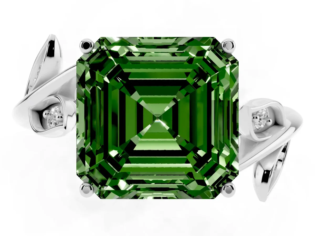 Fancy Green Asscher Cut Solitaire Twist Engagement Ring with Leaf Accents and Prong Setting Silver
