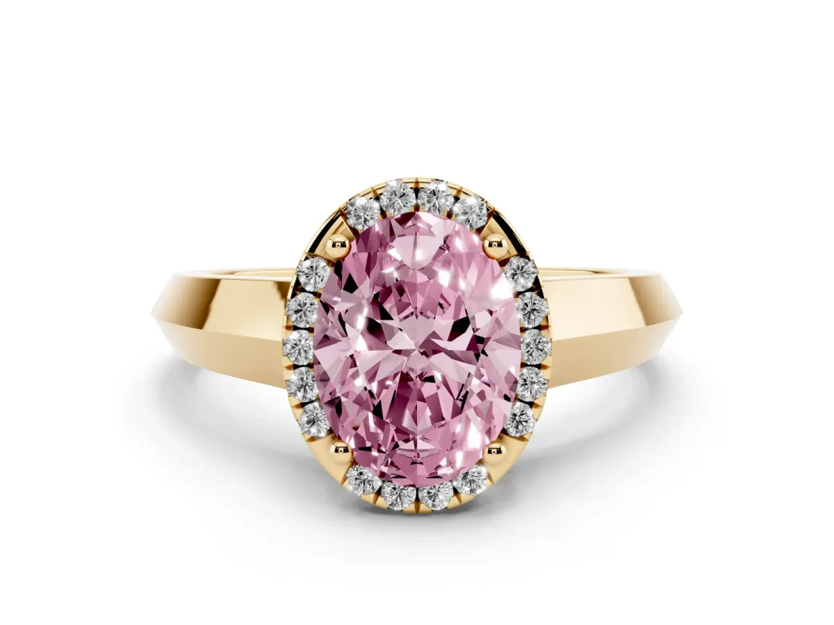 Fancy Pink Oval Cut Halo Diamond Ring with Cathedral Band and Four-Prong Setting Yellow gold