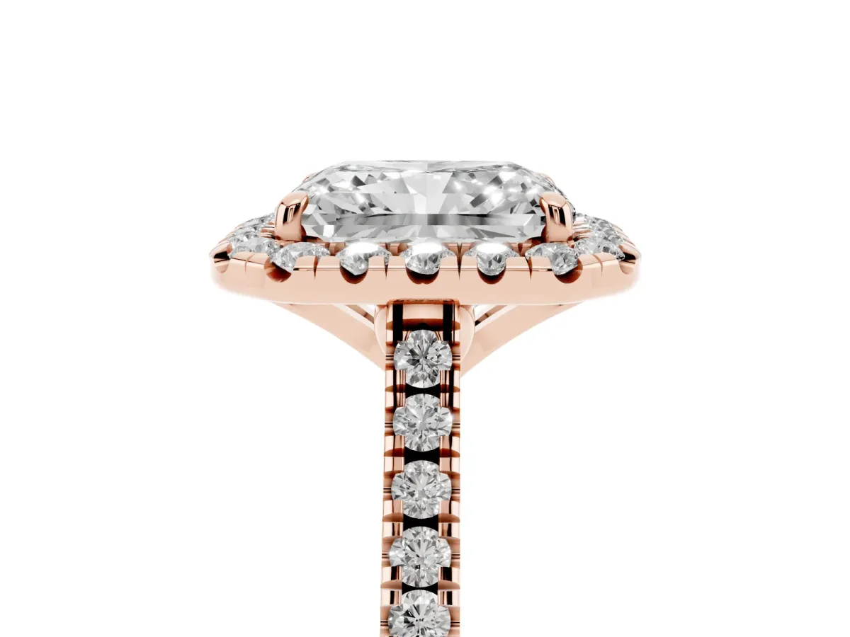 Radiant Cut Diamond Cushion Halo Ring with Pavé Band Rose gold