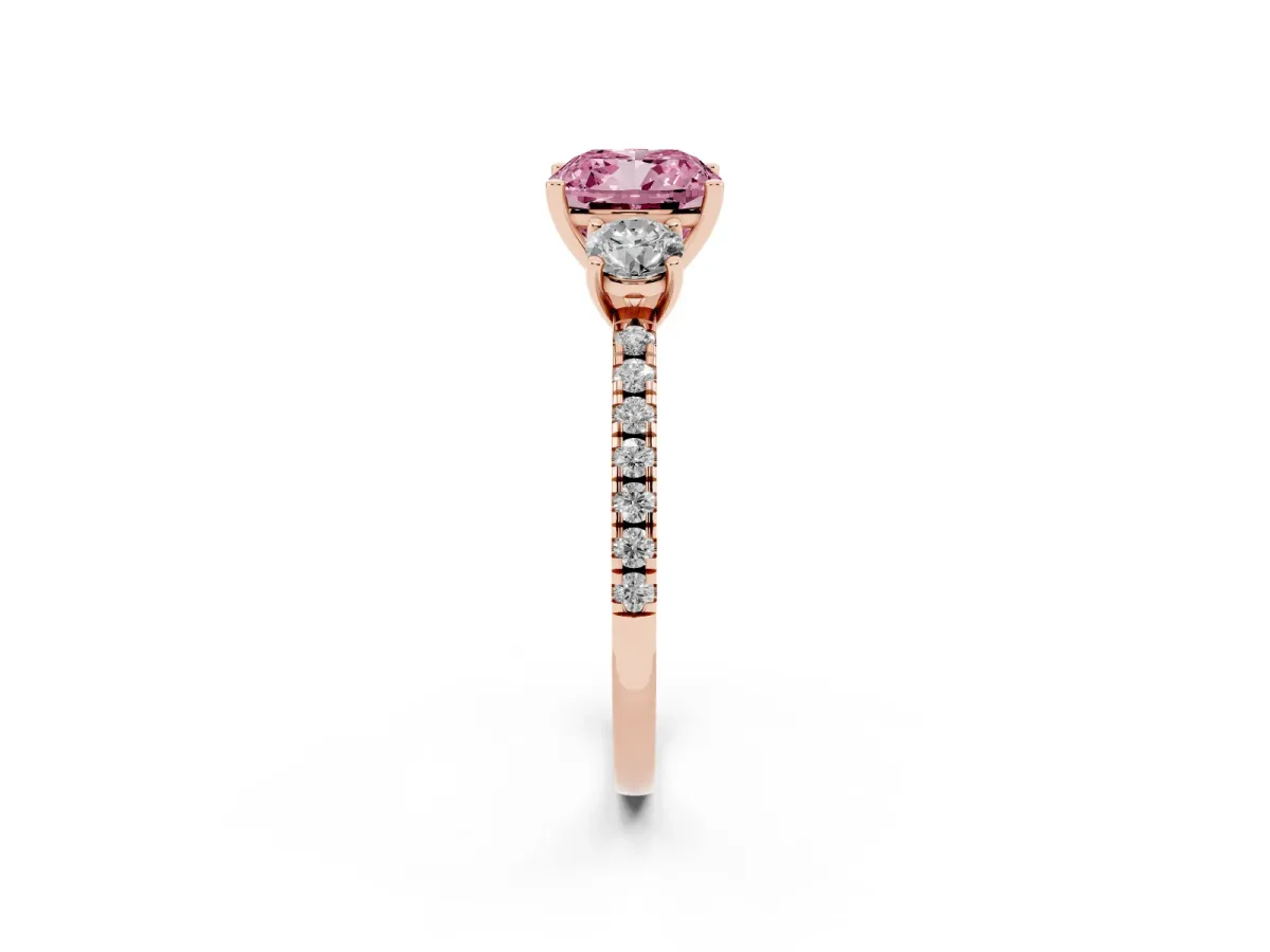 Fancy Pink Three-Stone Cushion Cut Cut Diamond Pavé Band with Prong Setting Rose gold