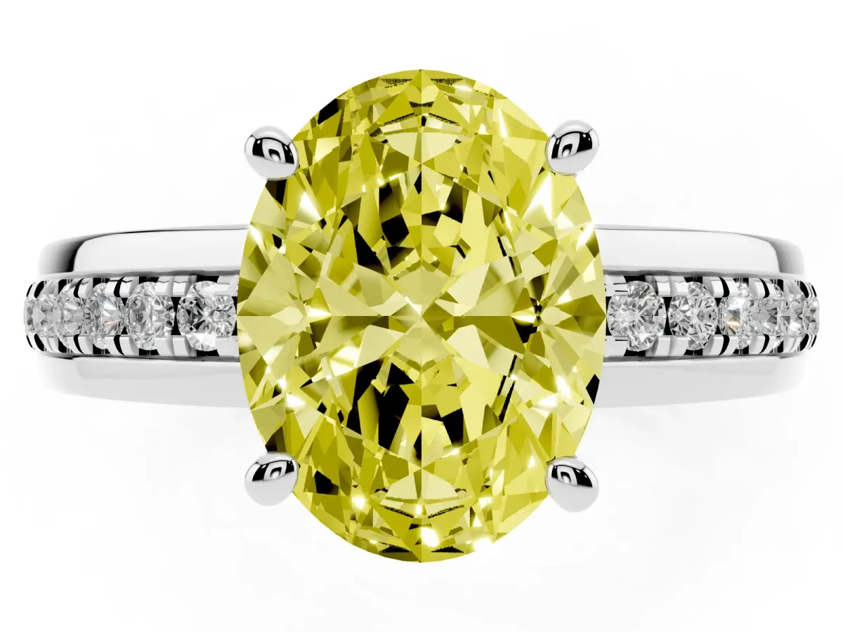 Fancy Yellow Oval Cut Solitaire Diamond Ring with Channel Set Band and Six-Prong Setting Silver