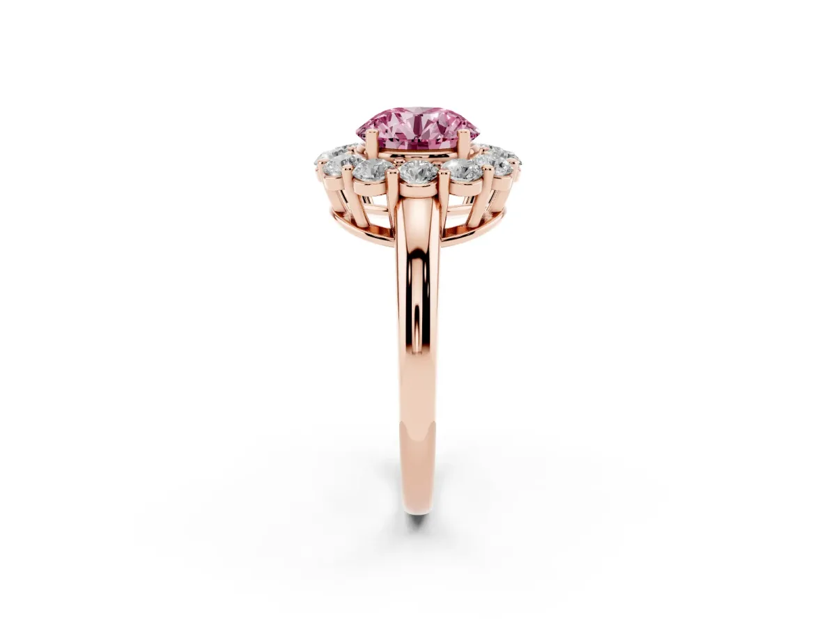 Fancy Pink Round Cut Halo Cluster Diamond Engagement Ring with Prong Setting and Polished Band Rose gold