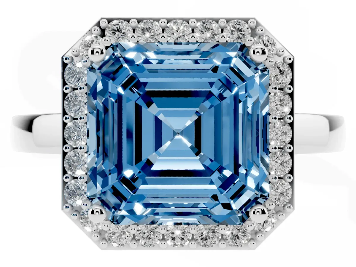 Fancy Blue Asscher Cut Halo Diamond Ring with Solitaire Band and Prong Setting Silver