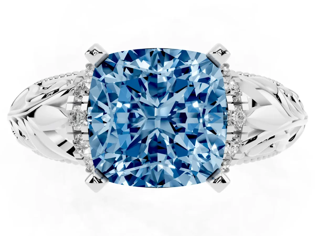 Fancy Blue Cushion Cut Solitaire Filigree Engagement Ring with Halo and Prong Setting Silver