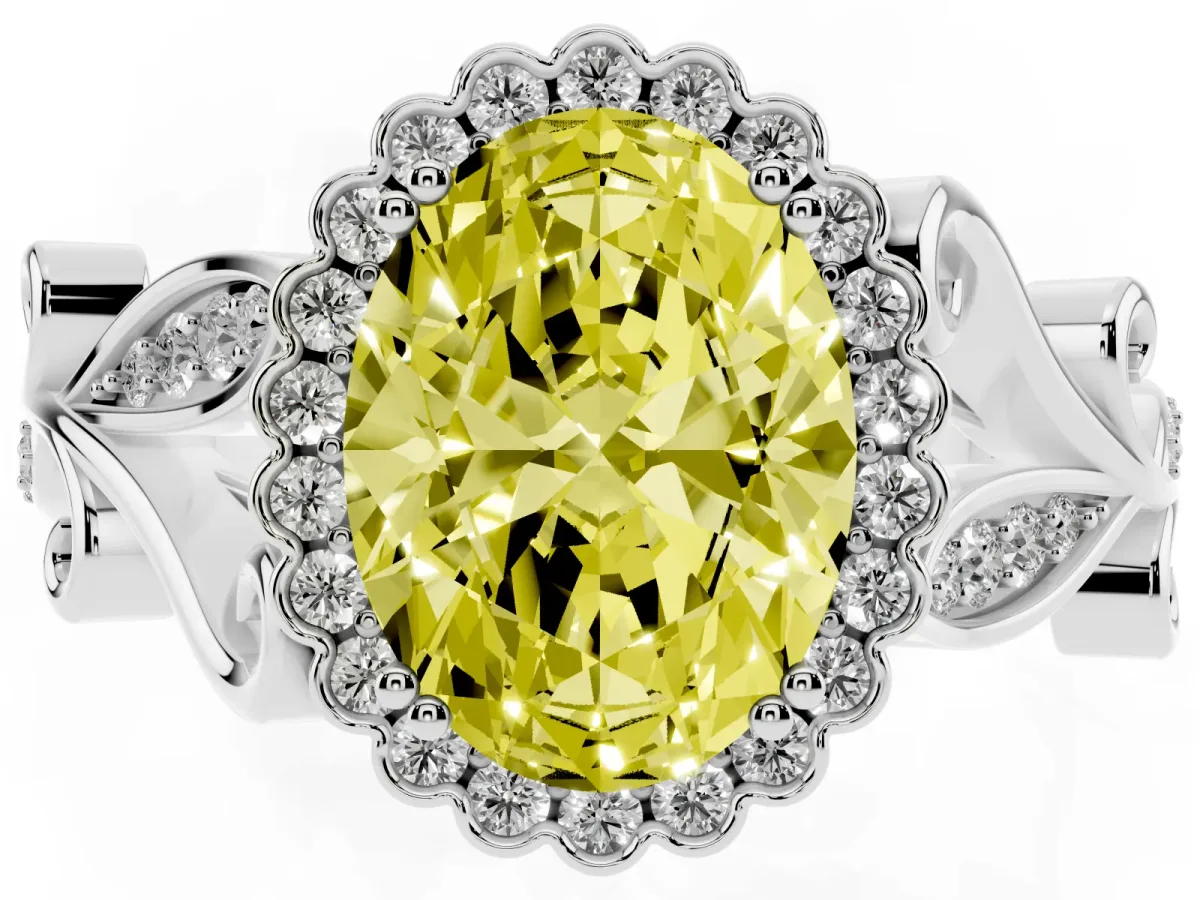 Fancy Yellow Oval Cut Diamond Halo Ring with Vintage Split Shank and Four-Prong Setting Silver