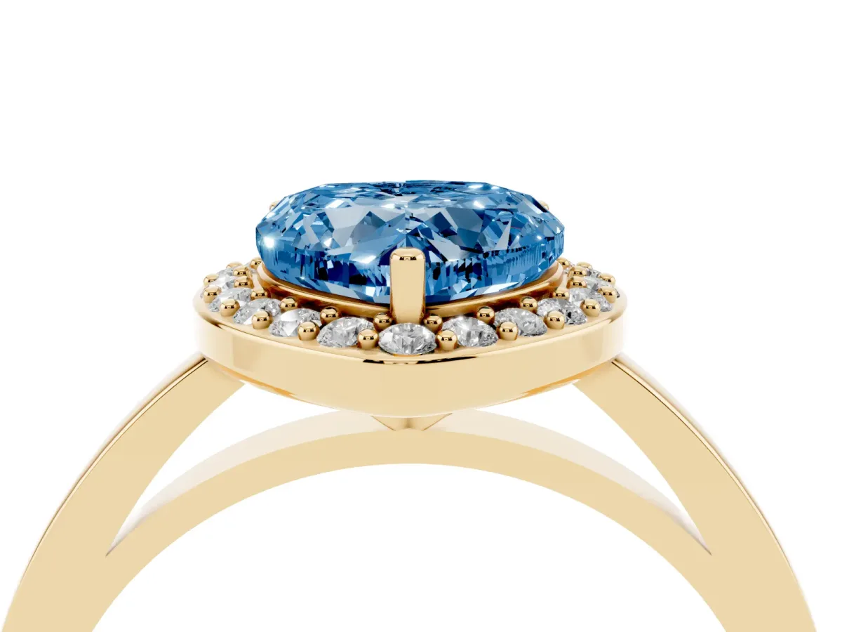 Fancy Blue Heart Cut Halo Diamond Ring with Solitaire Band and Prong Setting Yellow gold