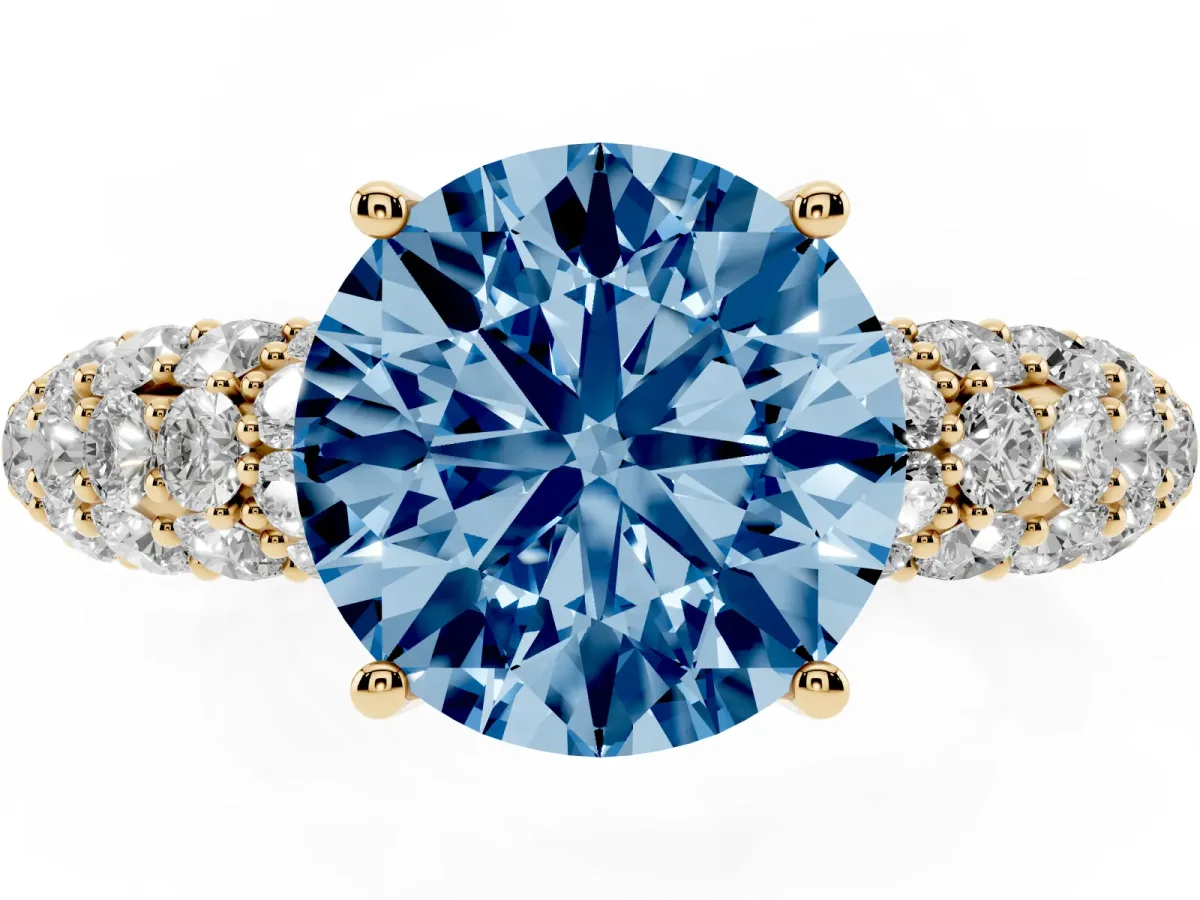 Fancy Blue Round Cut Diamond Pavé Band Solitaire Ring with Four-Prong Setting Yellow gold