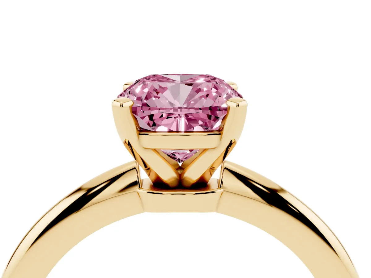 Fancy Pink Cushion Cut Diamond Solitaire Ring with Prong Setting and Classic Band Yellow gold