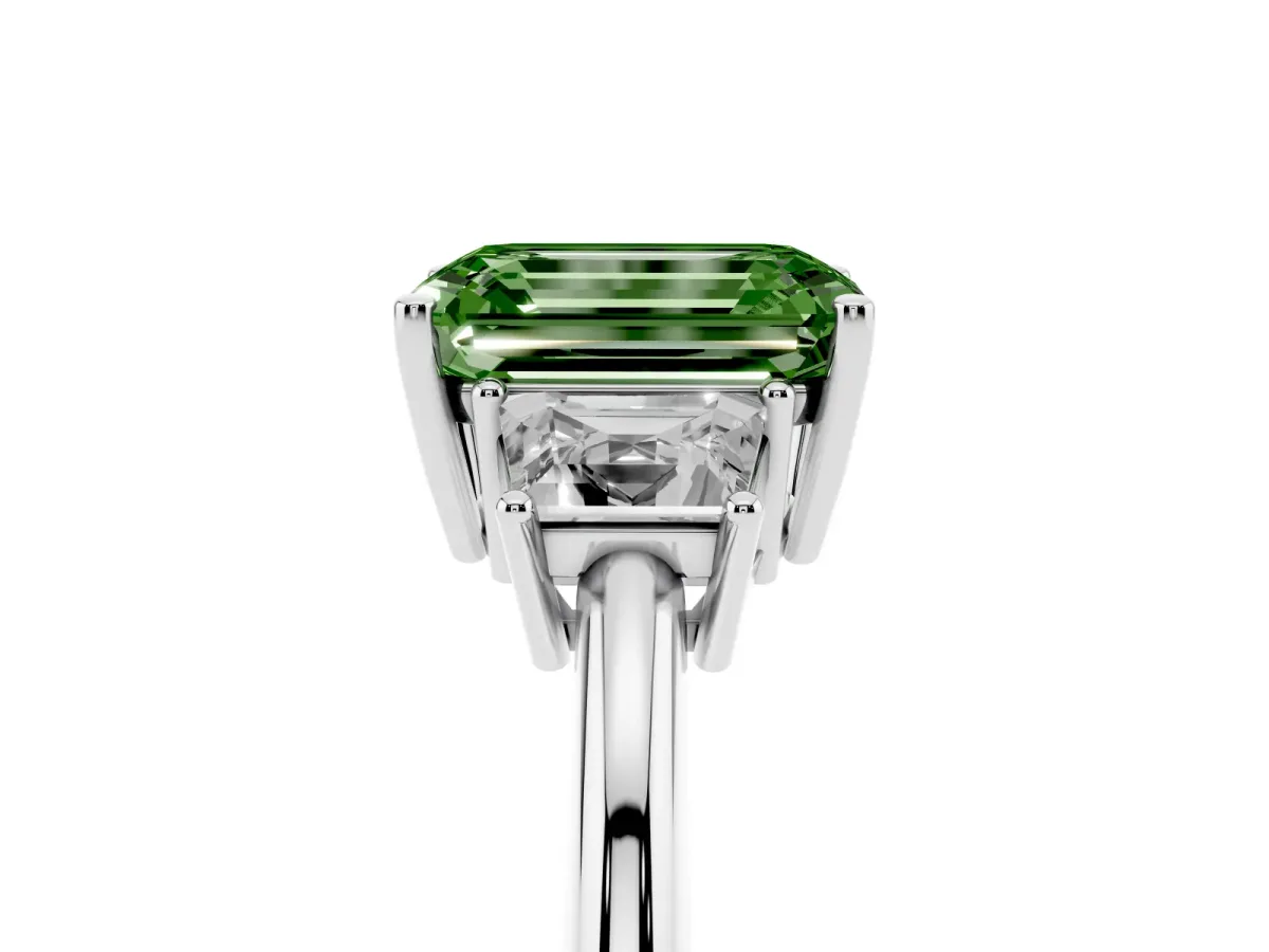 Fancy Green Emerald Cut Diamond Three-Stone Ring with Trapezoid Side Stones and Prong Setting Silver