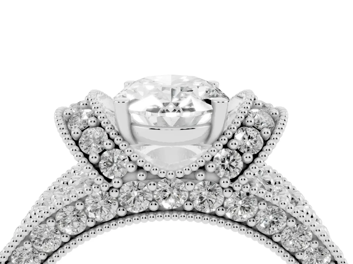 Oval Cut Halo Pave Diamond Engagement Ring with Milgrain Detailing Platinum