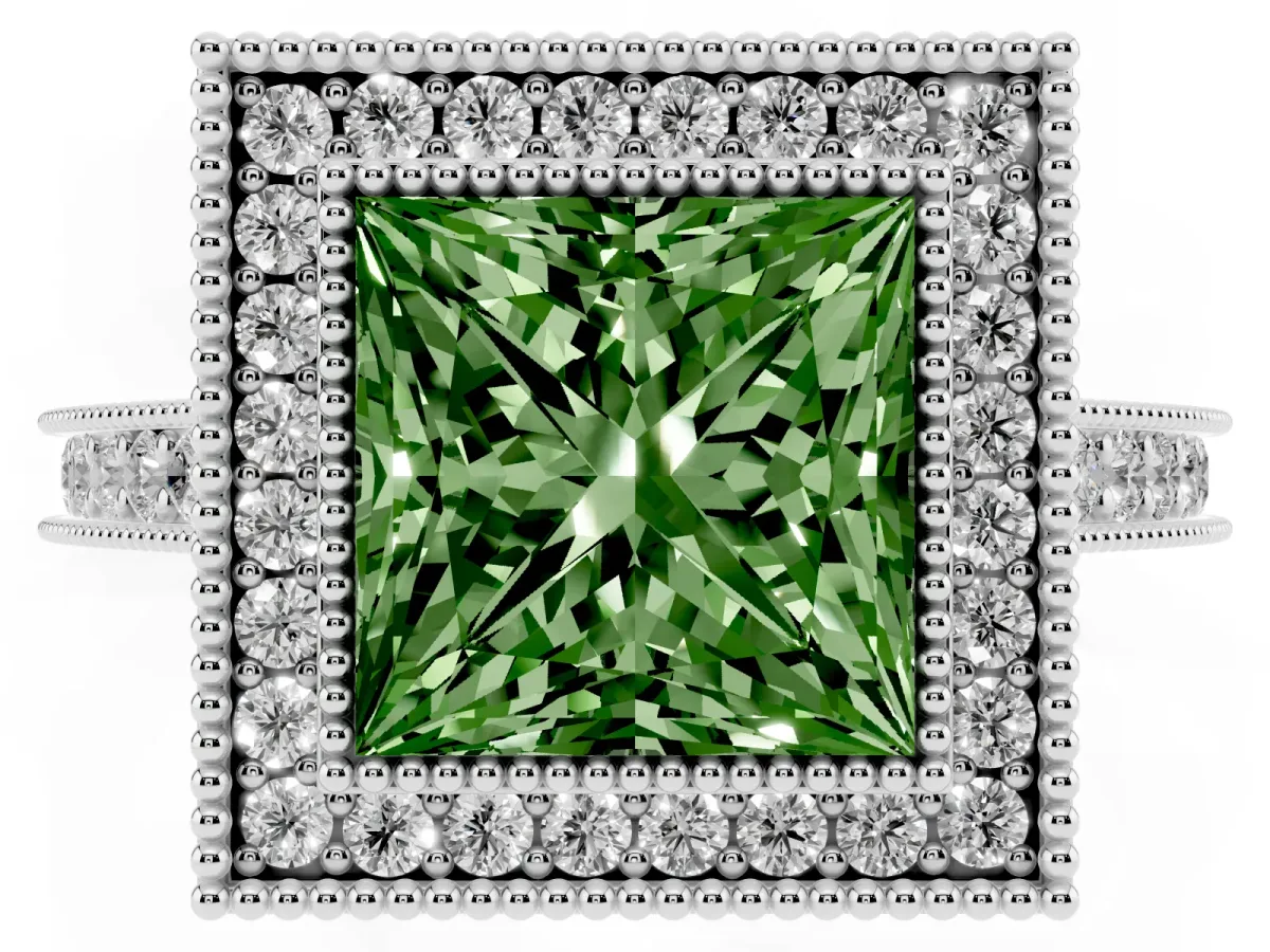 Fancy Green Halo Princess Cut-Cut Diamond Pave Band Milgrain Prong Setting Ring Silver