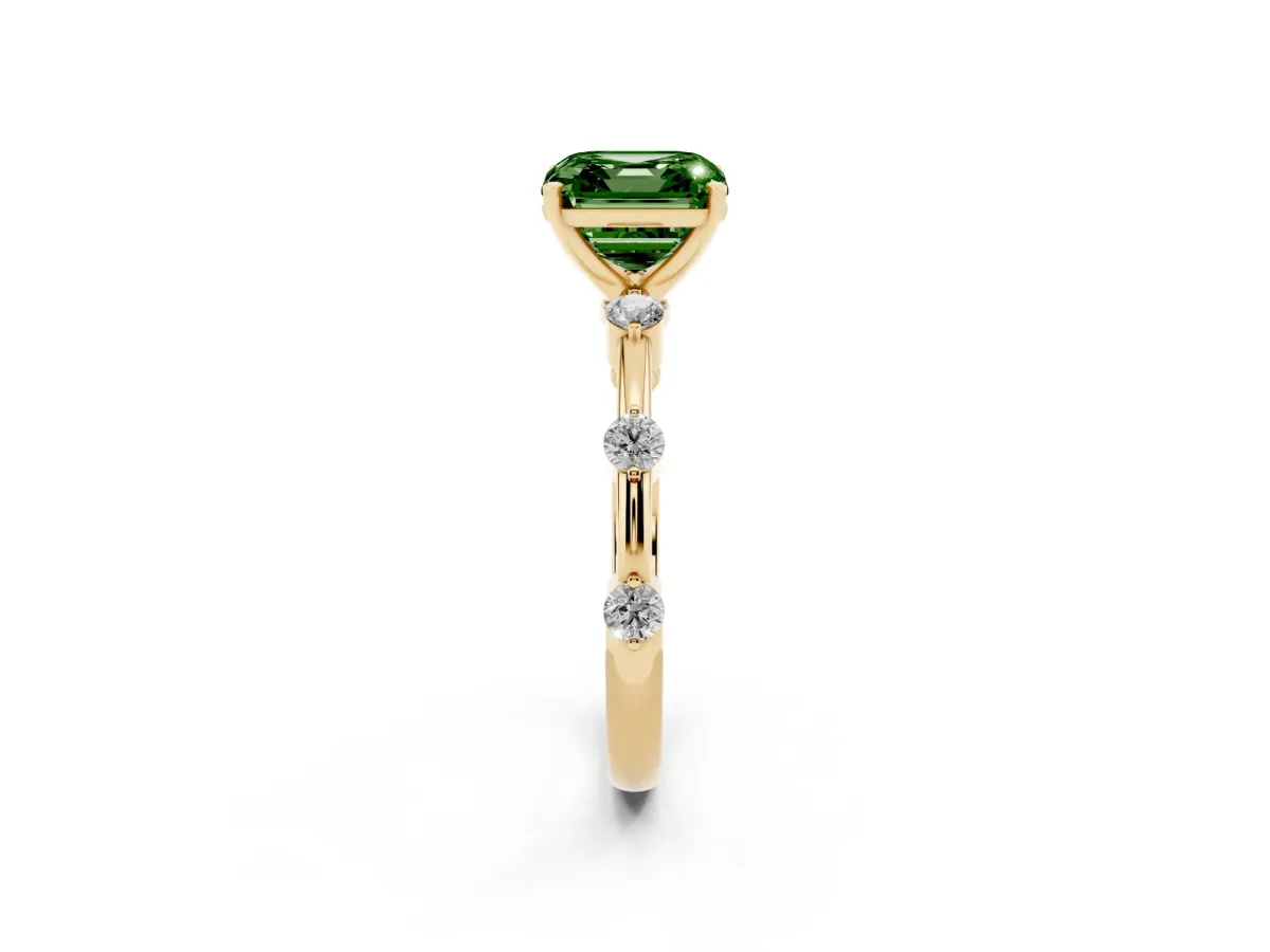 Fancy Green Asscher Cut Solitaire Diamond Ring with Bezel Set Side Stones and Prong Setting Yellow gold