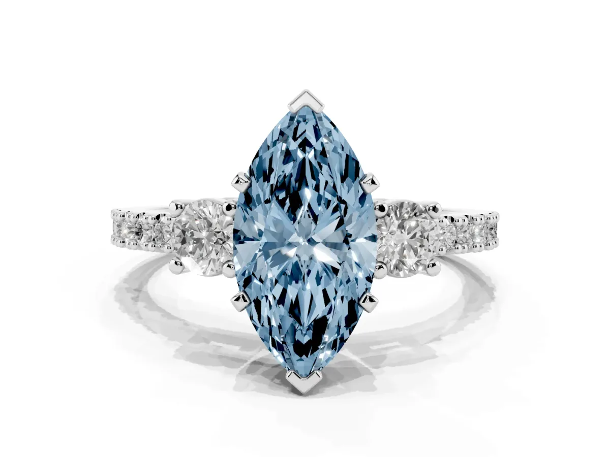 Fancy Blue Marquise Cut Three-Stone Diamond Pavé Band with Prong Setting Silver