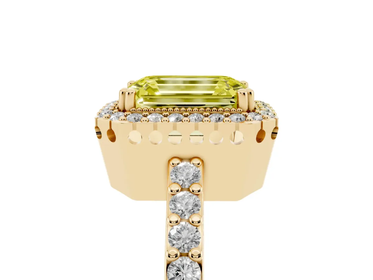 Fancy Yellow Emerald Cut Cut Diamond Halo Engagement Ring with Milgrain Detail and Pavé Band Yellow gold