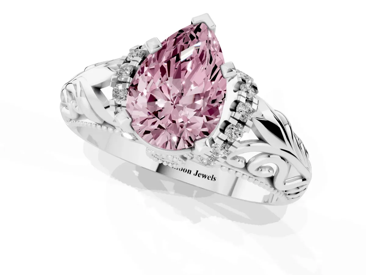 Fancy Pink Pear Cut Solitaire Filigree Engagement Ring with Halo and Prong Setting Silver