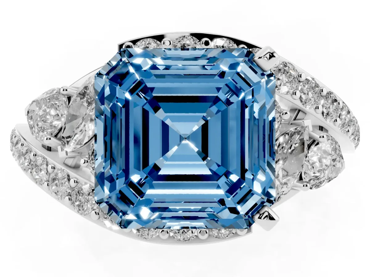 Fancy Blue Asscher Cut Diamond Halo Ring with Marquise and Pavé Band in Prong Setting White gold