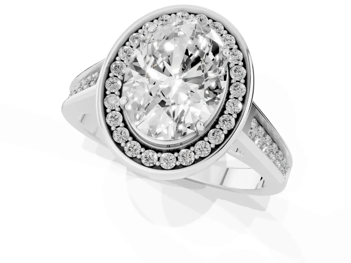 Oval Cut Halo Solitaire Diamond Ring with Pave Band and Bezel Setting Silver