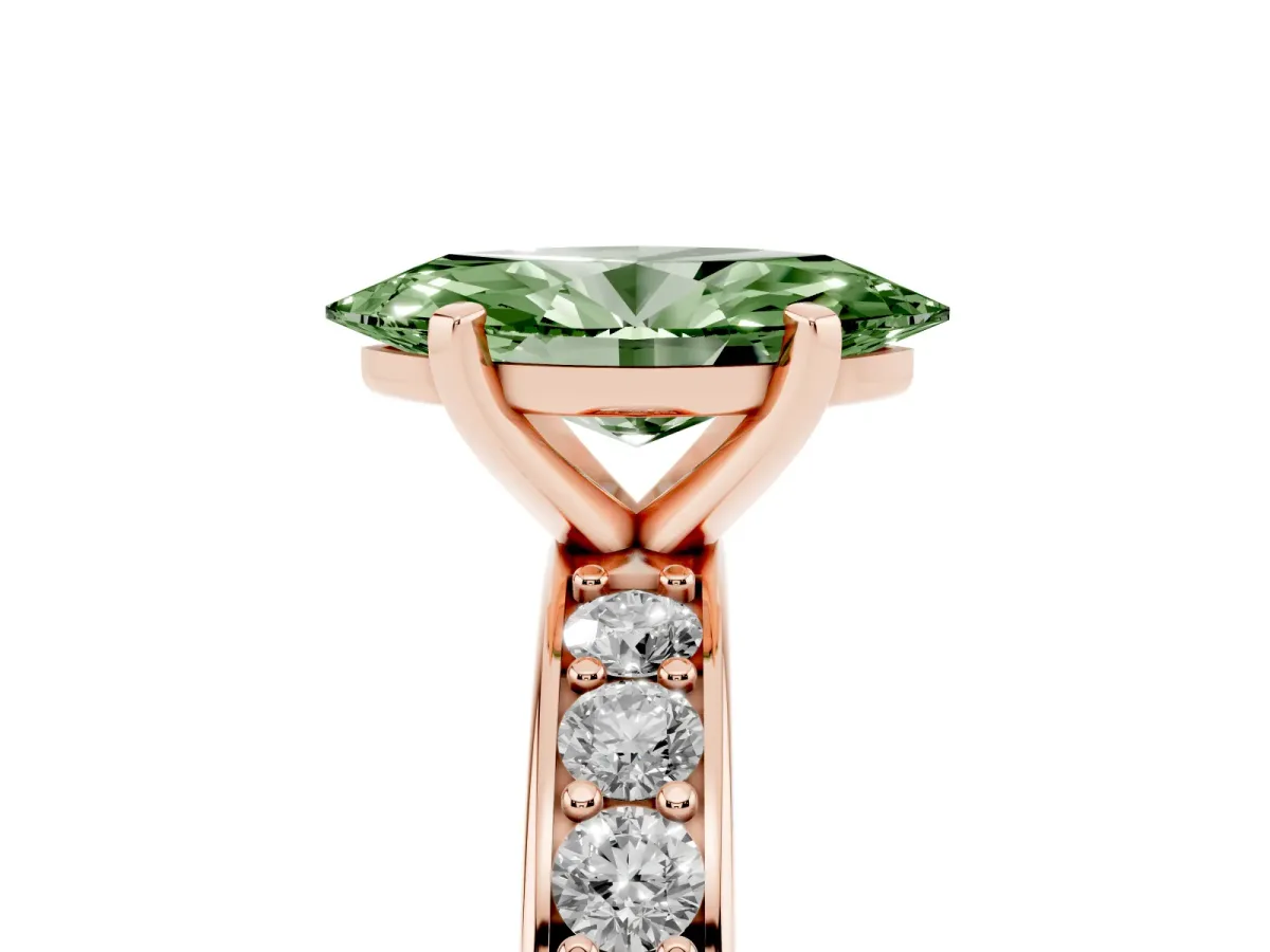 Fancy Green Marquise Cut Diamond Engagement Ring with Channel Set Round Band and Prong Setting Rose gold