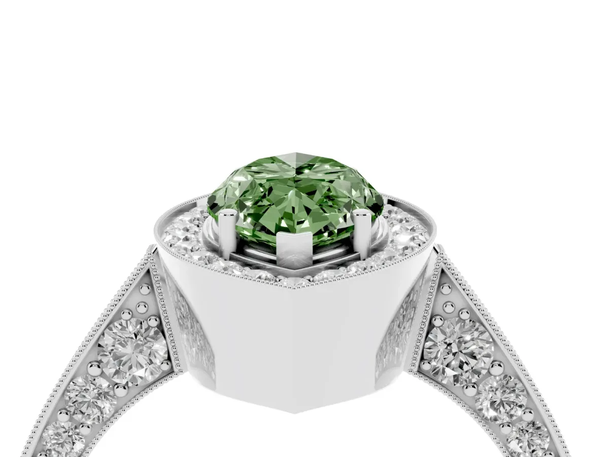 Fancy Green Marquise Cut Halo Diamond Engagement Ring with Split Shank Band and Four-Prong Setting Silver