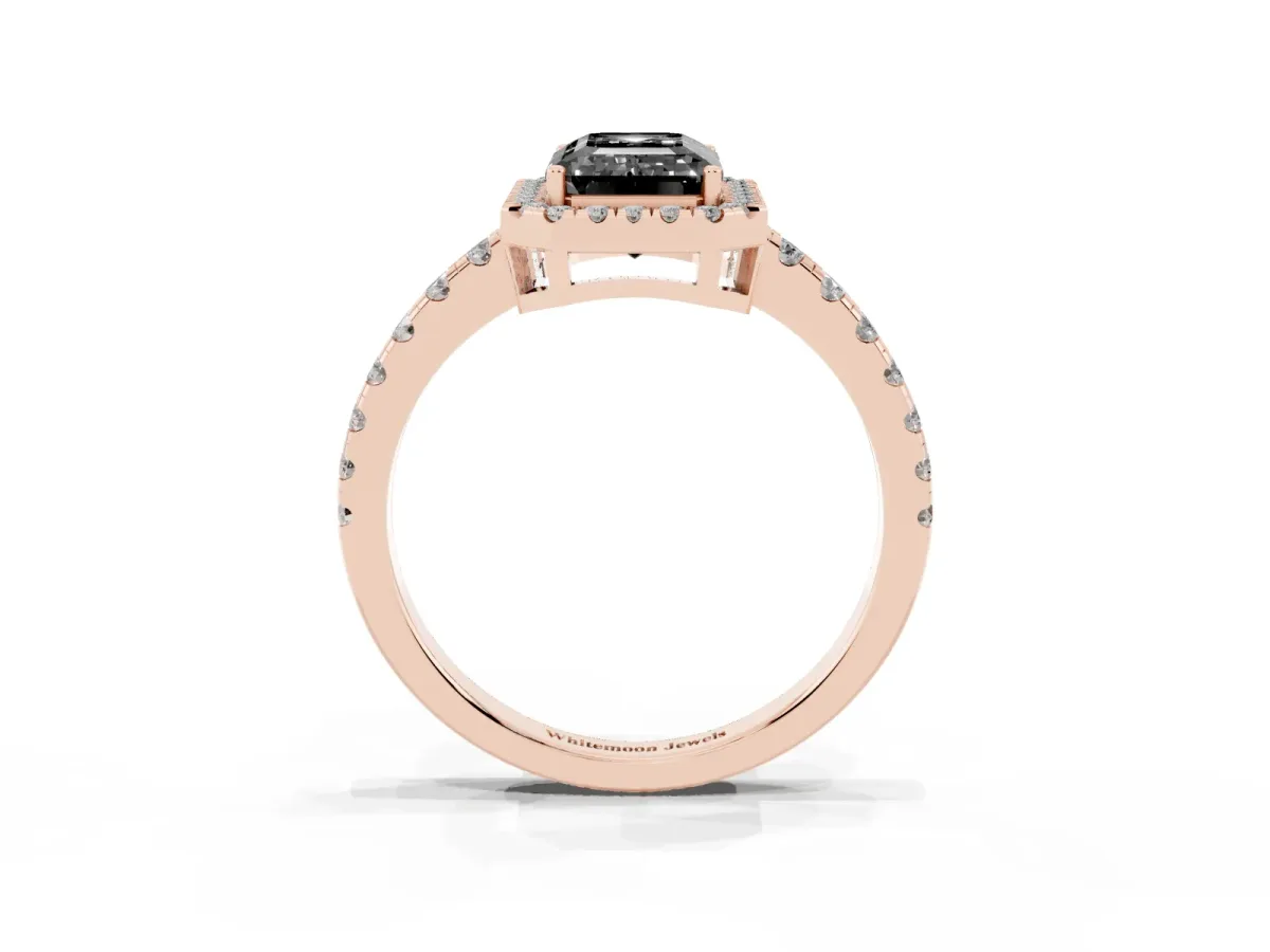 Fancy Black Emerald Cut Diamond Halo Ring with Pavé Band and Four-Prong Setting Rose gold