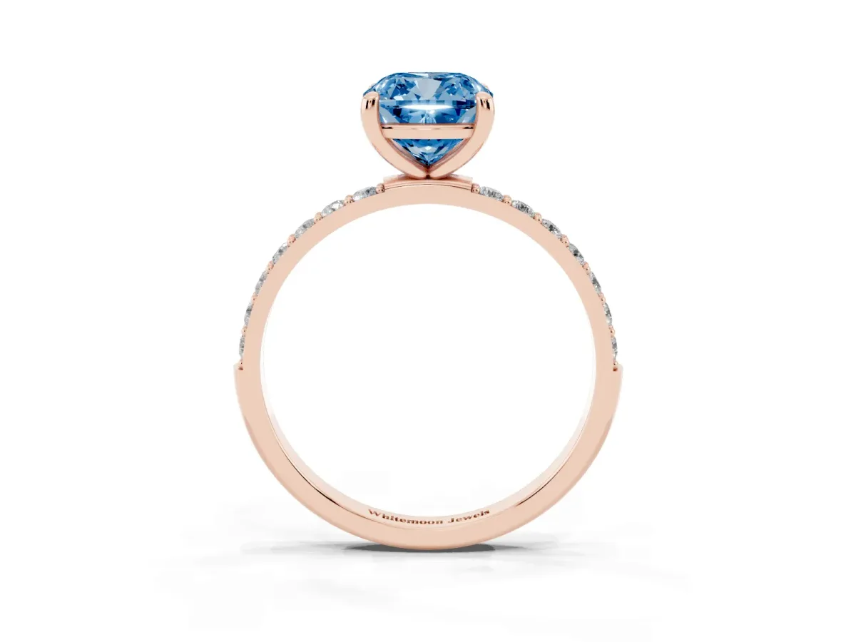 Fancy Blue Cushion Cut Diamond Solitaire Ring with Round Pavé Band and Prong Setting Rose gold