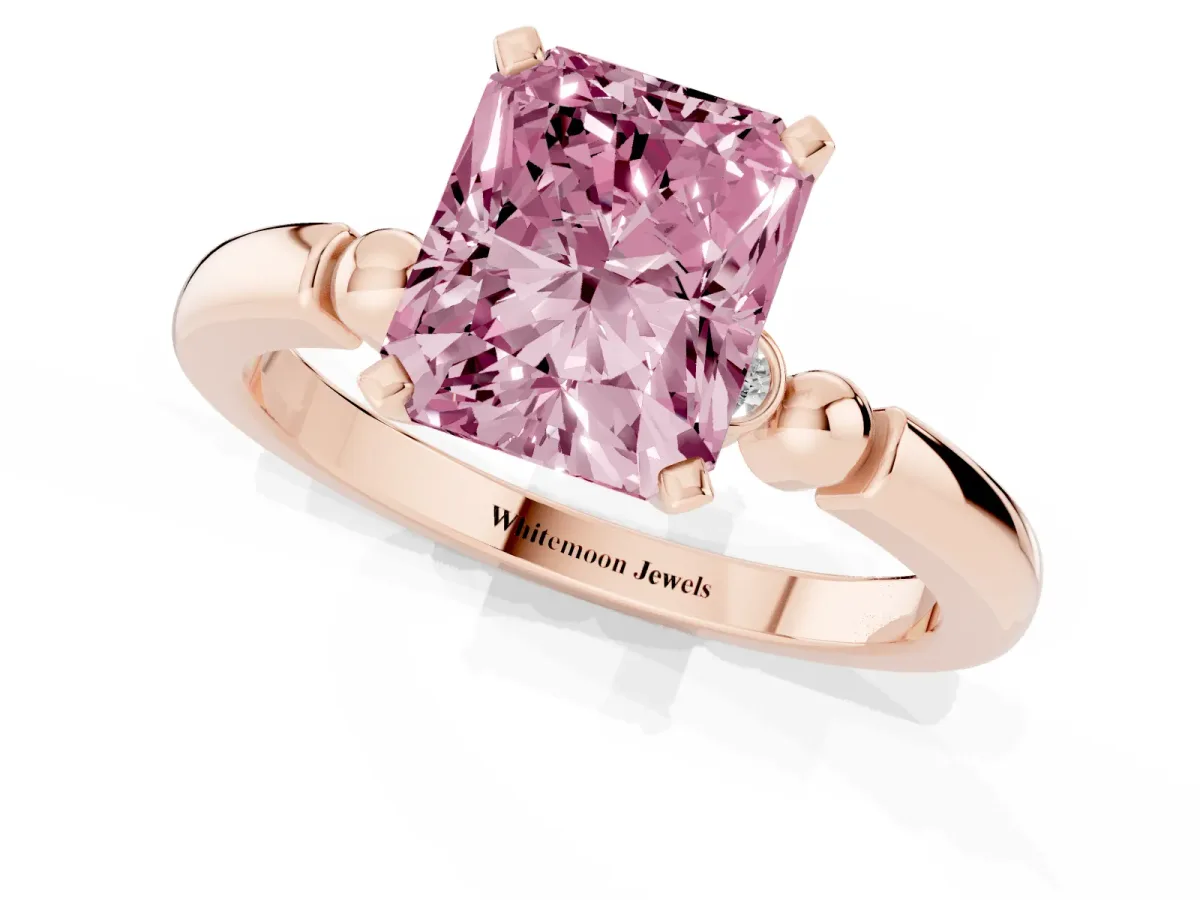 Fancy Pink Radiant Cut Solitaire Beaded Band with Four-Prong Setting Rose gold