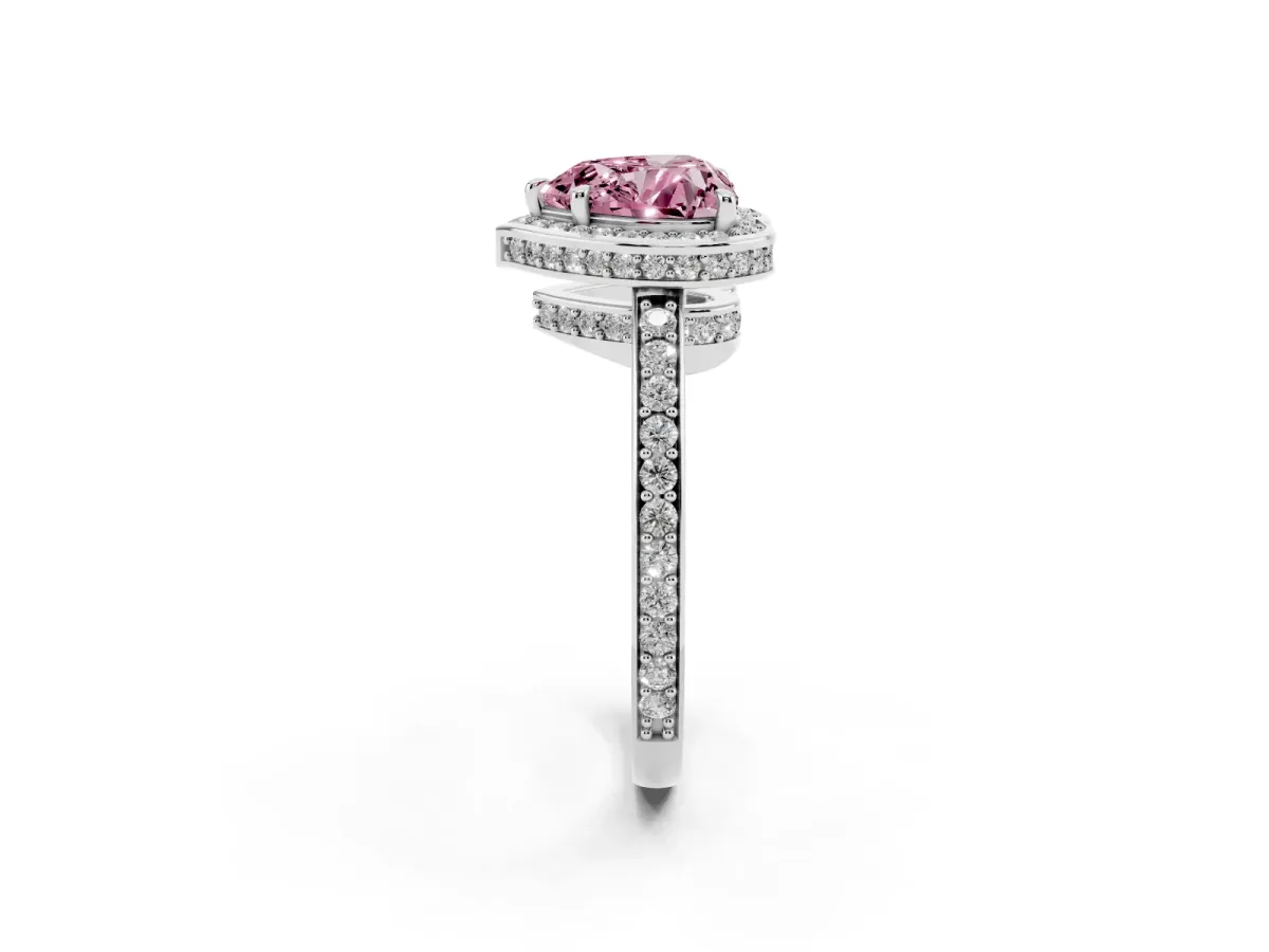 Fancy Pink Heart Cut Halo Pave Band Solitaire Ring with Prong Setting Silver
