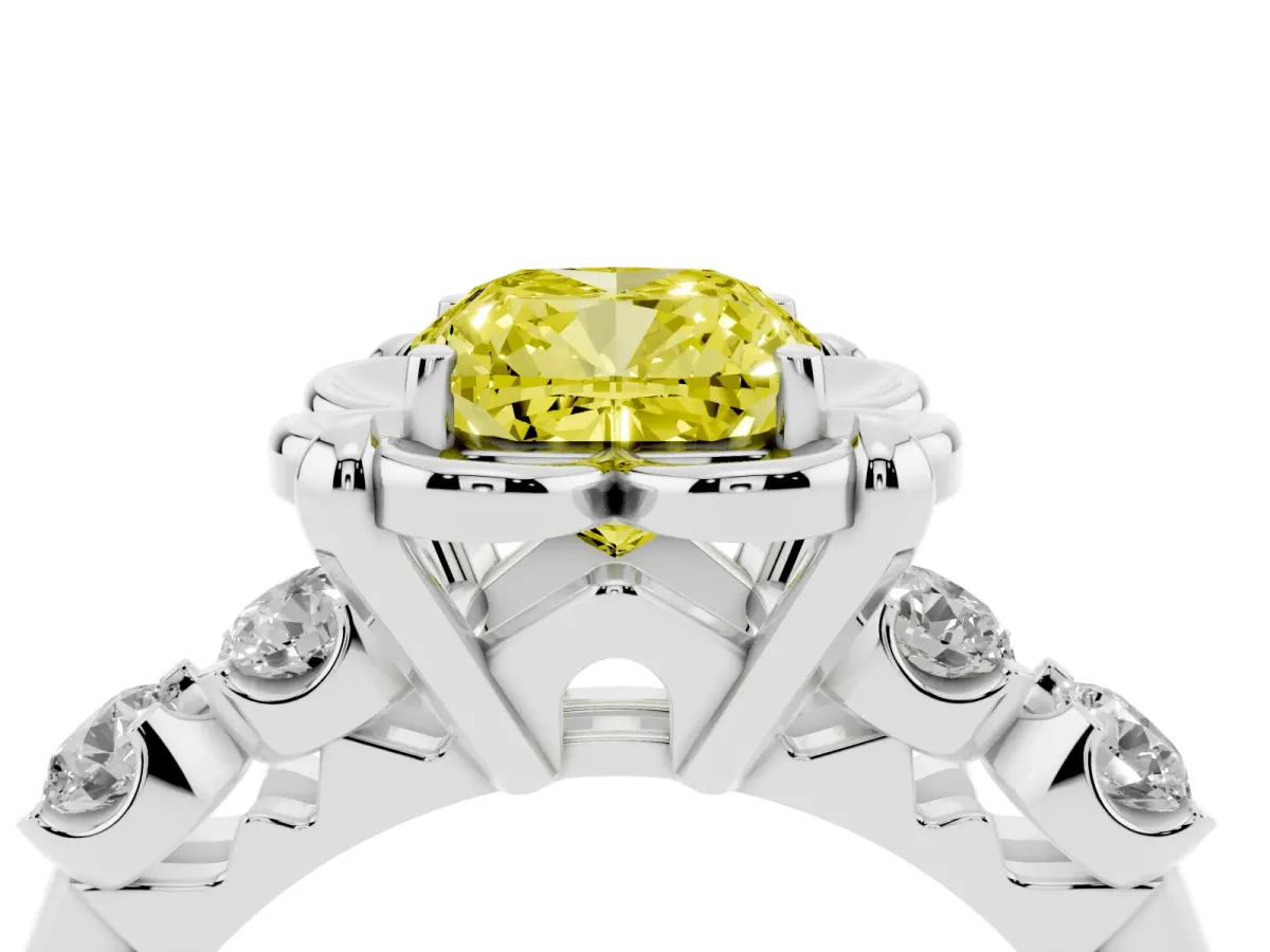 Fancy Yellow Cushion Cut Cut Diamond Floral Halo Engagement Ring with Shared Prong Setting Silver