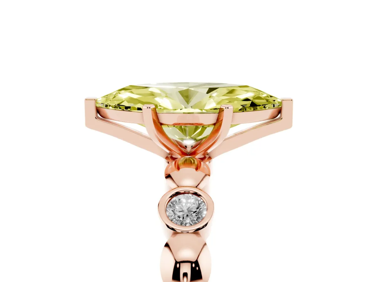 Fancy Yellow Marquise Cut Solitaire Bezel-Set Diamond Ring with Beaded Band and Four-Prong Setting Rose gold
