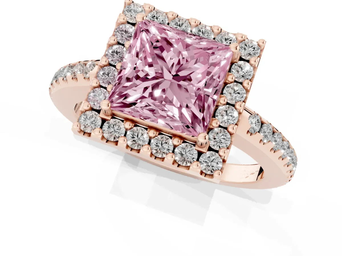 Fancy Pink Princess Cut Diamond Pavé Halo Ring with Four-Prong Setting Rose gold
