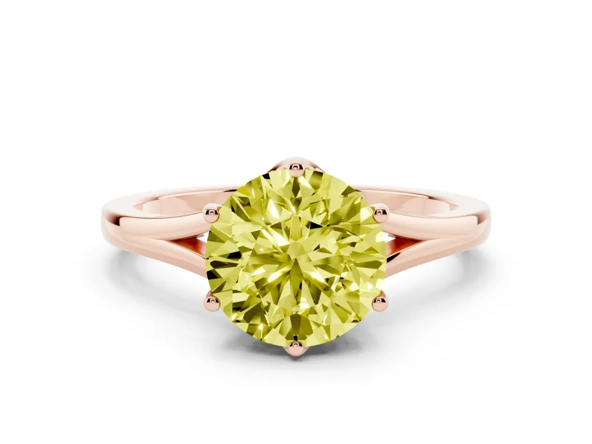 Fancy Yellow Round Cut Solitaire Diamond Ring with Six-Prong Setting and Tapered Band Rose gold