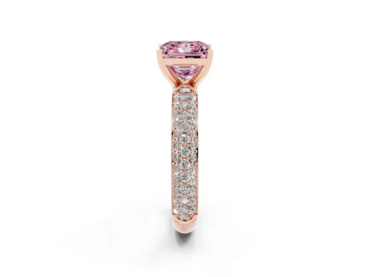 Fancy Pink Princess Cut Diamond Solitaire Ring with Prong Setting and Pavé Band Rose gold