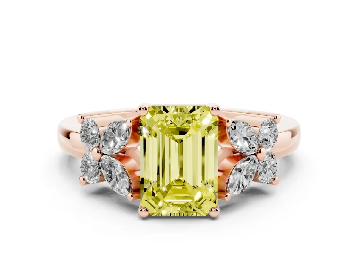 Fancy Yellow Emerald Cut Diamond Floral Cluster Ring with Solitaire Band and Prong Setting Rose gold
