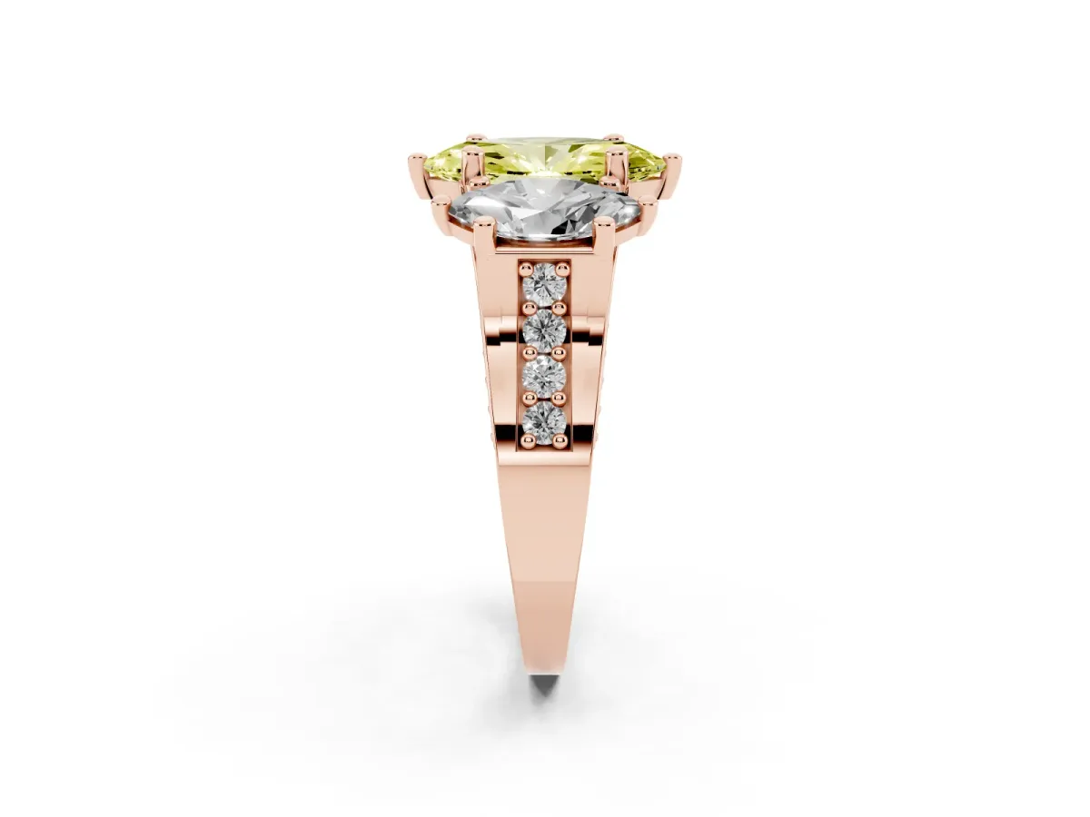 Fancy Yellow Marquise Cut Diamond Three-Stone Ring with Channel Set Band and Four-Prong Setting Rose gold
