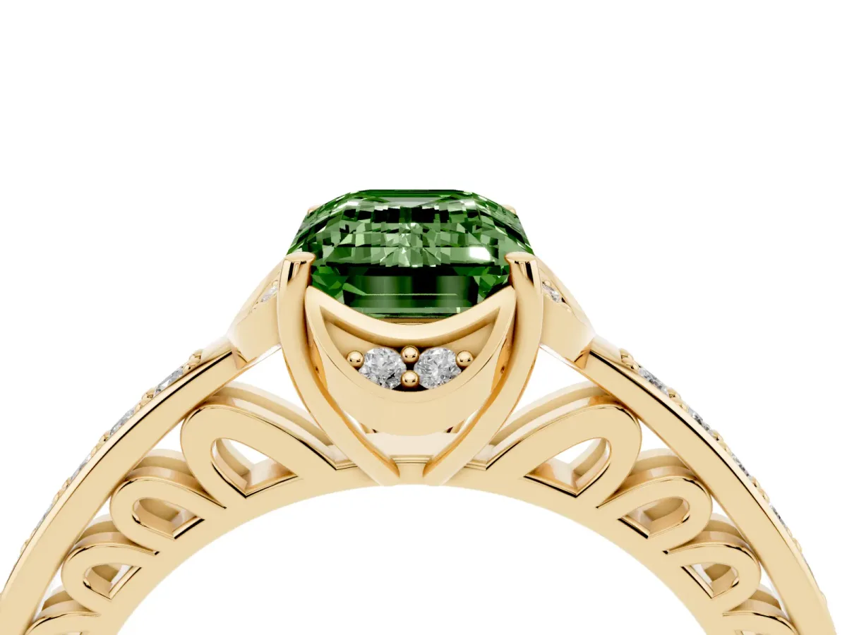 Fancy Green Emerald Cut Cut Halo Diamond Ring with Channel Set Band and Four-Prong Setting Yellow gold