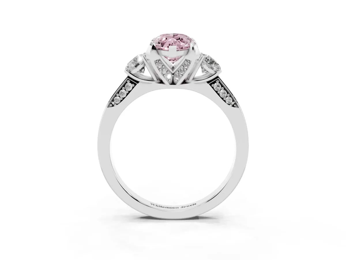 Fancy Pink Marquise Cut Brilliant Three-Stone Diamond Ring with Pavé Band and Four-Prong Setting Silver
